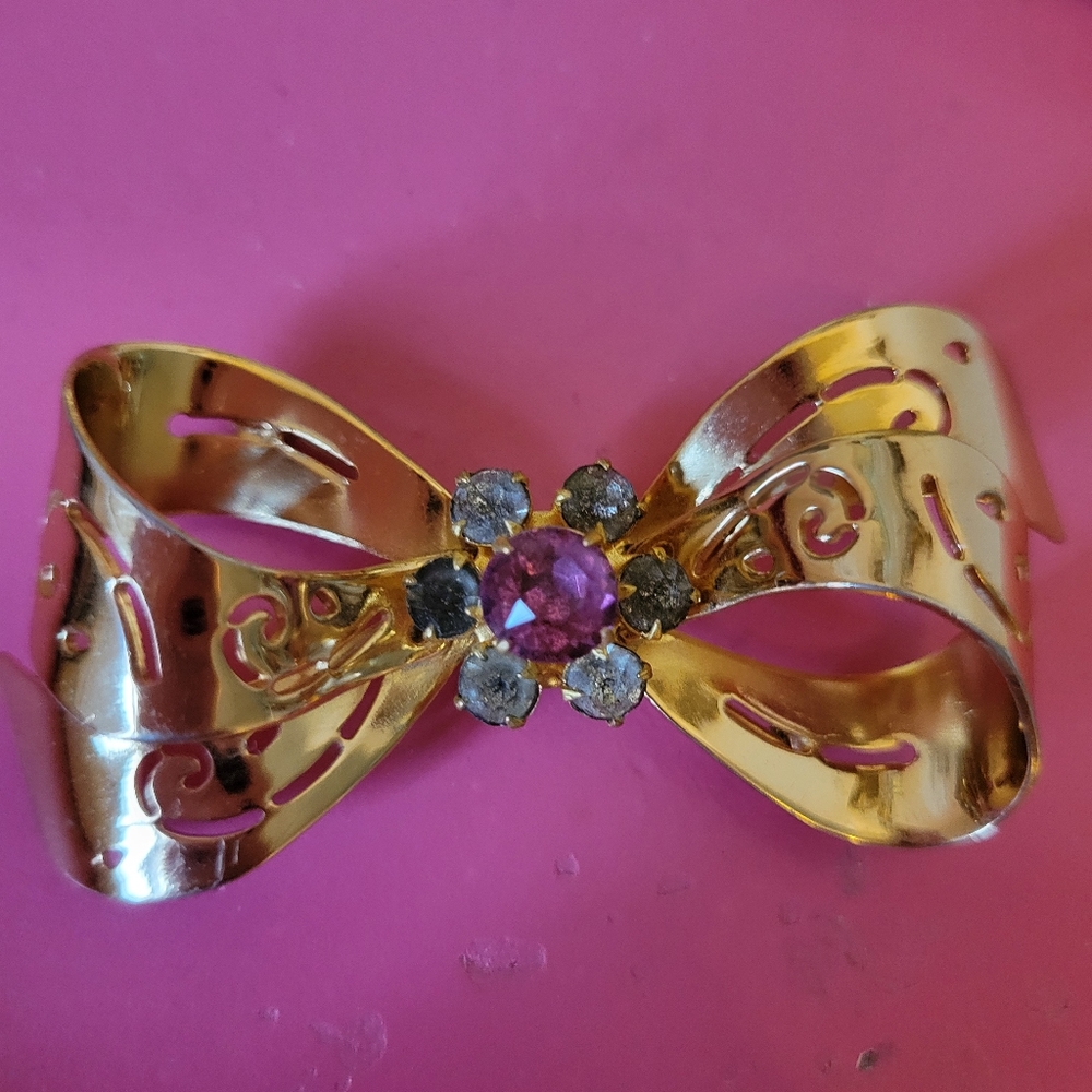 Vintage Coro Bow Brooch ~ Goldtone with Pink and Gray Rhinestones ~ Pin ~ Signed